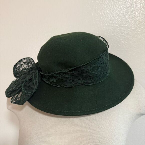 Vintage Green Lace Bow Fedora Felt Bowler Cap Hat - Picture 3 of 4
